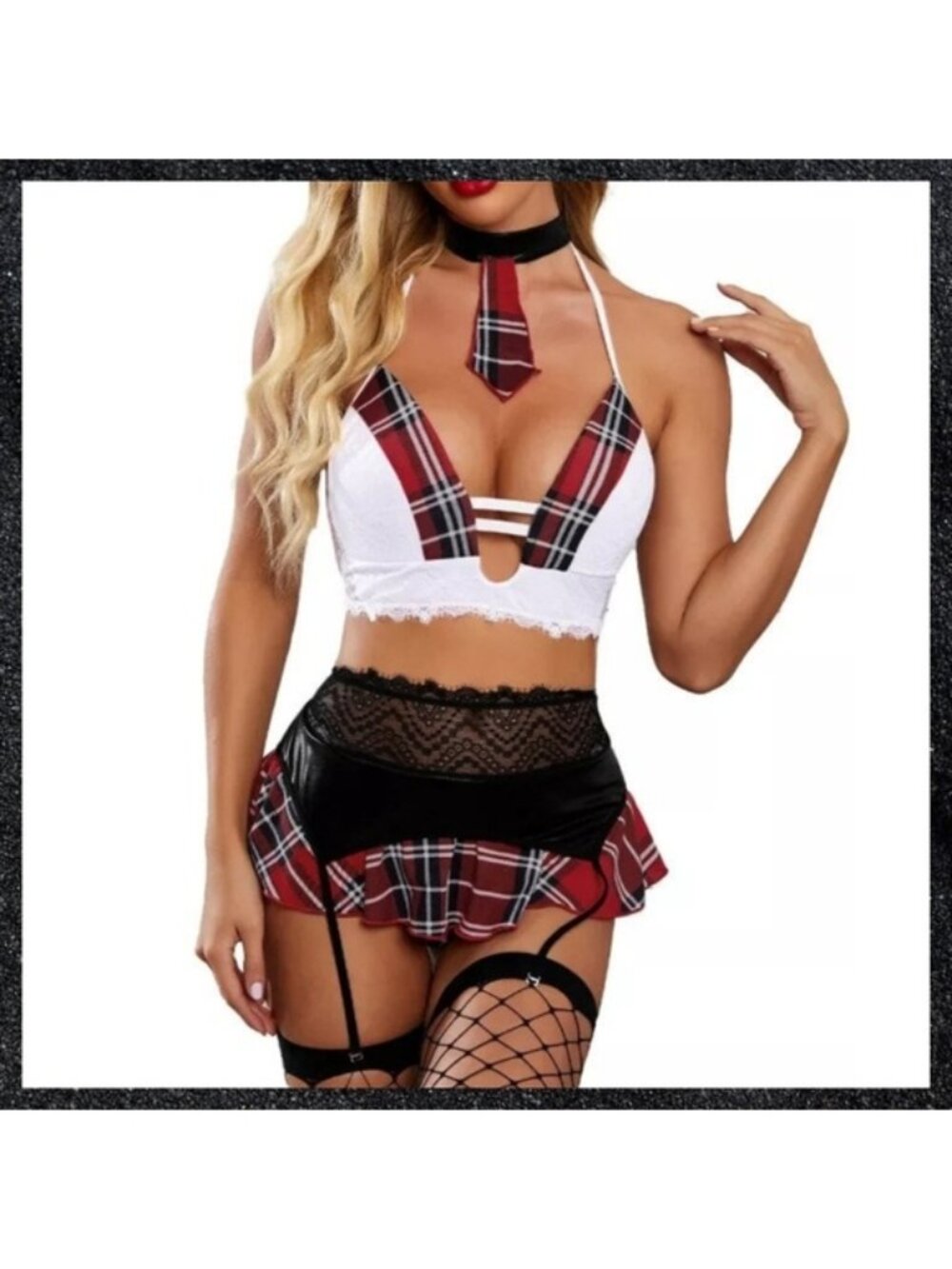 Red & Black Plaid Naughty School Girl Cosplay Lingerie Set